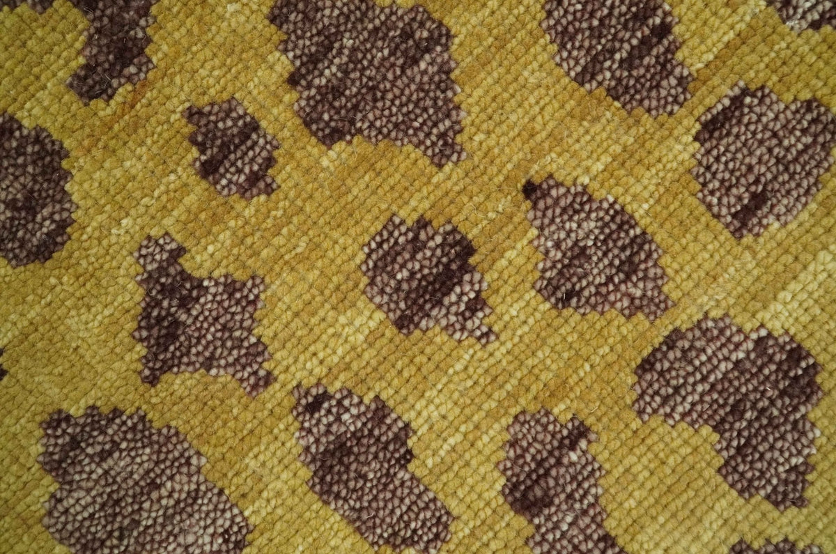 Leopard Design Mustard and Dark Plum Hand Knotted Custom Made wool area rug.