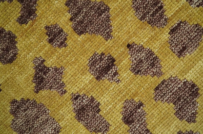 Leopard Design Mustard and Dark Plum Hand Knotted Custom Made wool area rug.