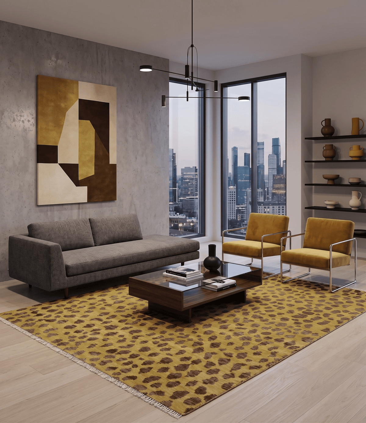 Leopard Design Mustard and Dark Plum Hand Knotted Custom Made wool area rug.