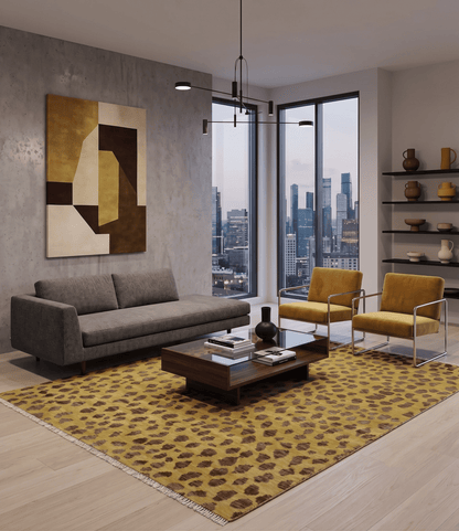Leopard Design Mustard and Dark Plum Hand Knotted Custom Made wool area rug.