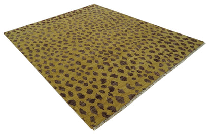 Leopard Design Mustard and Dark Plum Hand Knotted Custom Made wool area rug.