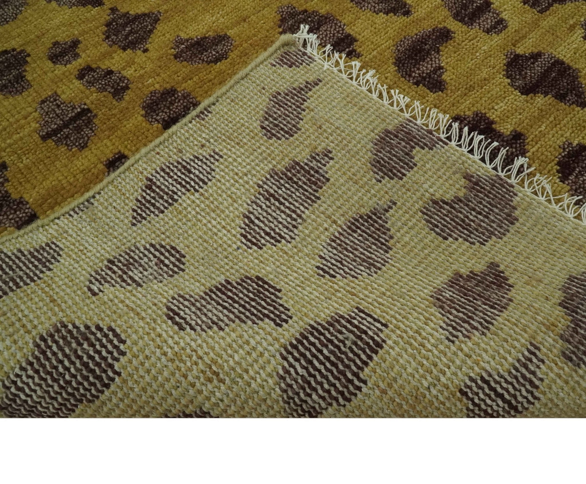 Leopard Design Mustard and Dark Plum Hand Knotted Custom Made wool area rug.