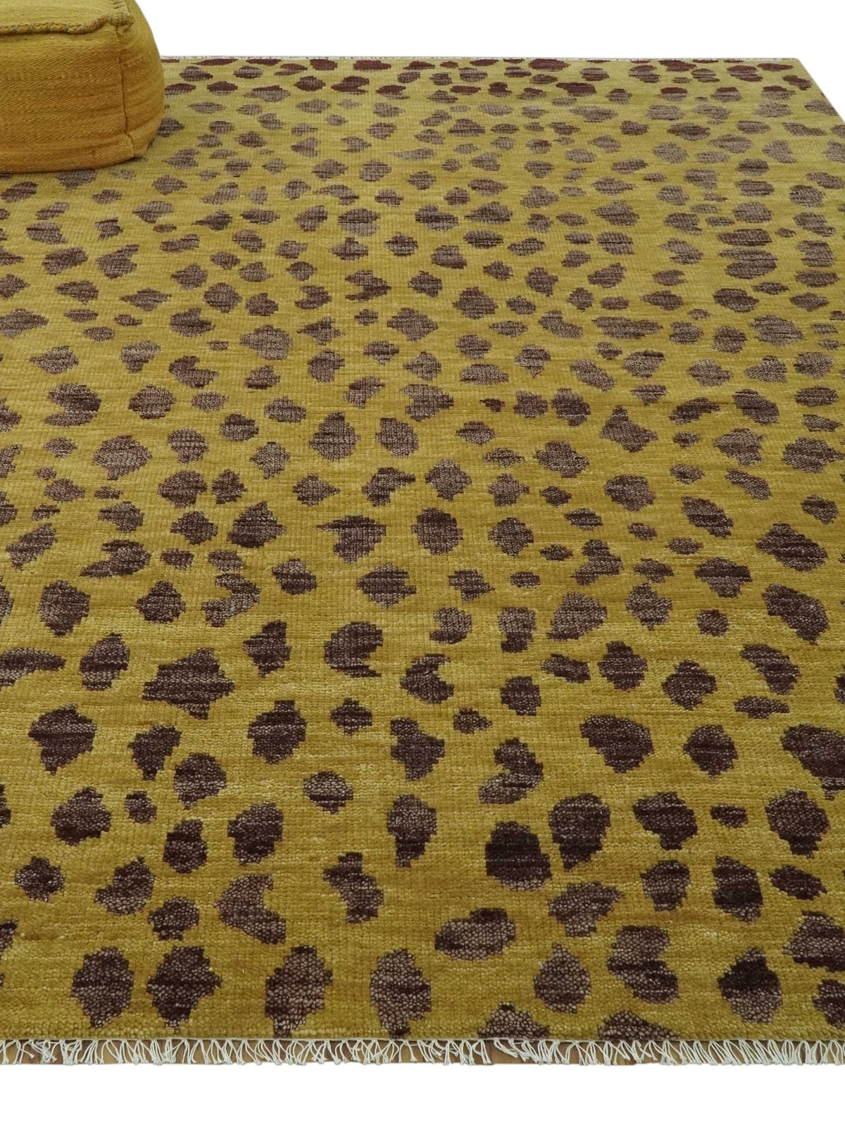 Leopard Design Mustard and Dark Plum Hand Knotted Custom Made wool area rug.