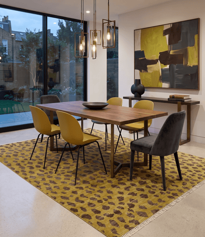 Leopard Design Mustard and Dark Plum Hand Knotted Custom Made wool area rug.