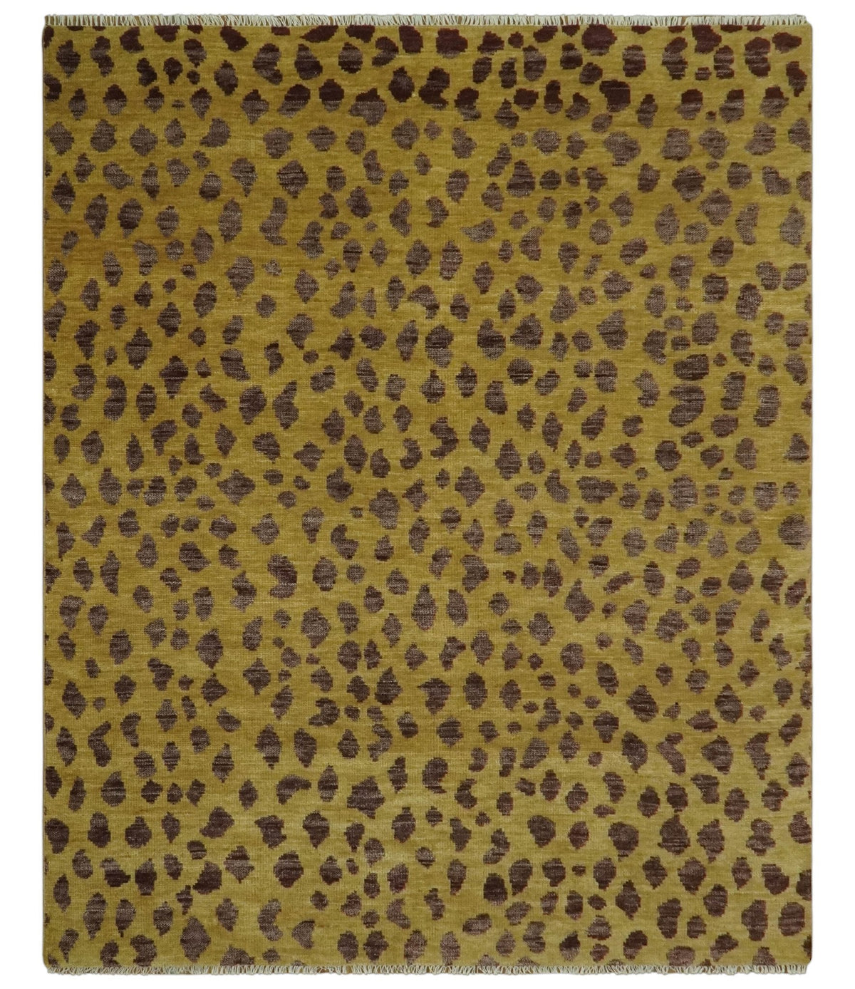 Leopard Design Mustard and Dark Plum Hand Knotted Custom Made wool area rug.