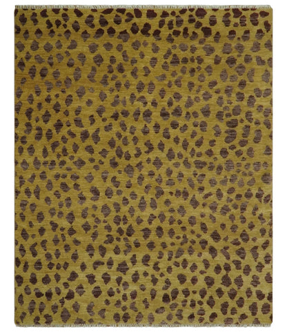 Leopard Design Mustard and Dark Plum Hand Knotted Custom Made wool area rug.