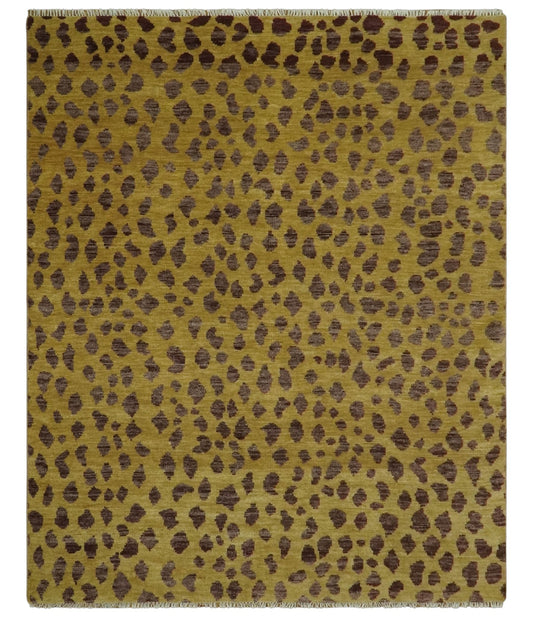 Leopard Design Mustard and Dark Plum Hand Knotted Custom Made wool area rug.