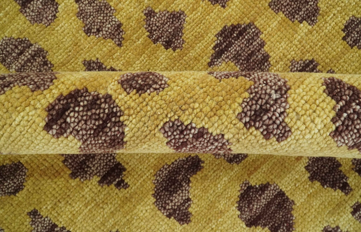 Leopard Design Mustard and Dark Plum Hand Knotted Custom Made wool area rug.