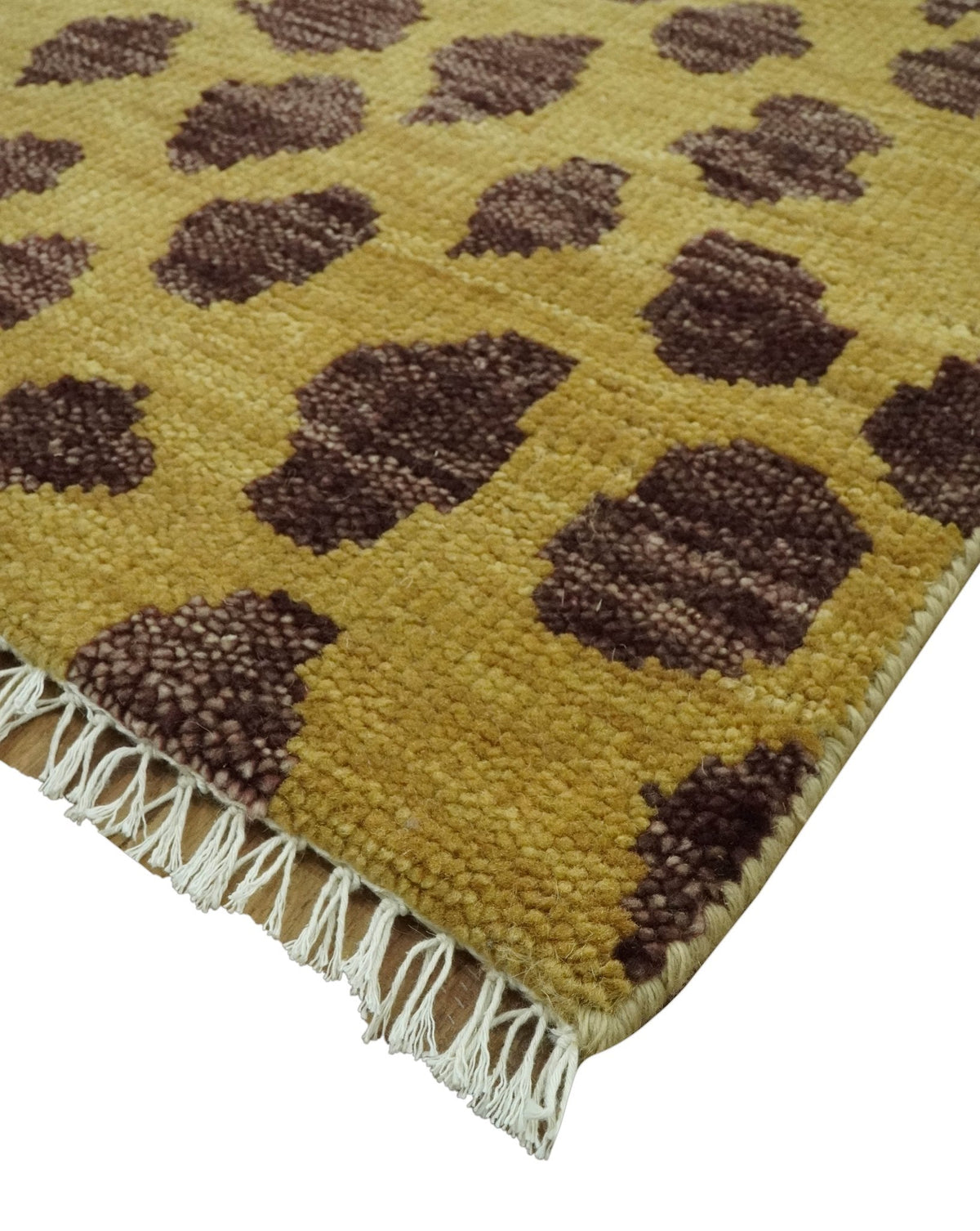 Leopard Design Mustard and Dark Plum Hand Knotted Custom Made wool area rug.