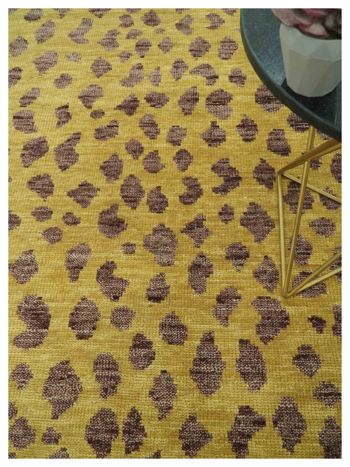 Leopard Design Mustard and Dark Plum Hand Knotted Custom Made wool area rug.