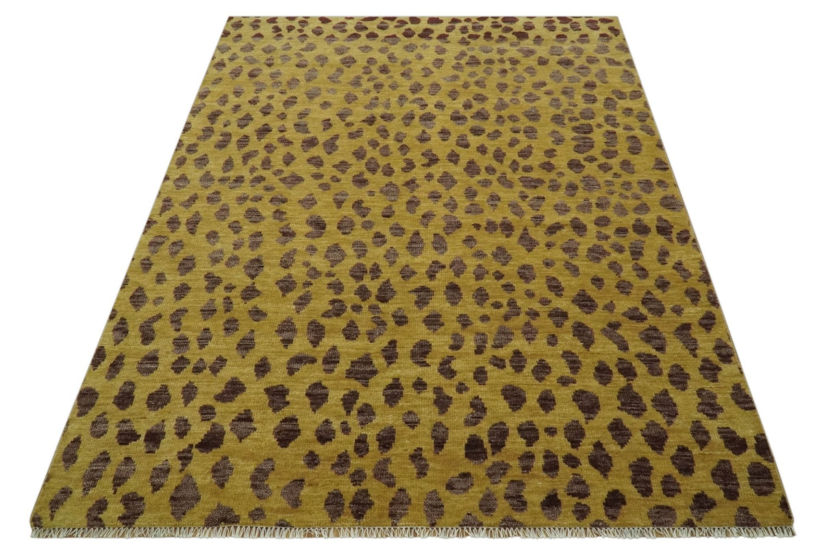Leopard Design Mustard and Dark Plum Hand Knotted Custom Made wool area rug.