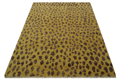Leopard Design Mustard and Dark Plum Hand Knotted Custom Made wool area rug.