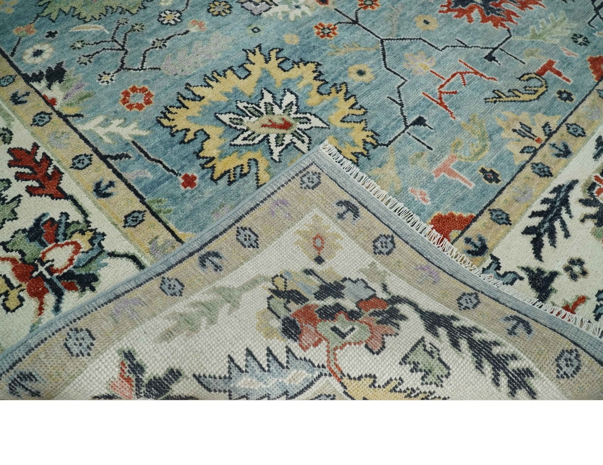 Light Blue and Ivory hand knotted Vibrant colorful Traditional Oushak Wool Area Rug.