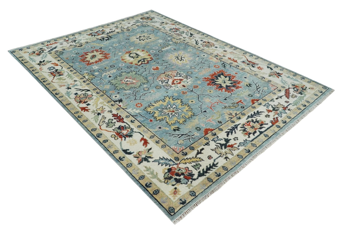 Light Blue and Ivory hand knotted Vibrant colorful Traditional Oushak Wool Area Rug.