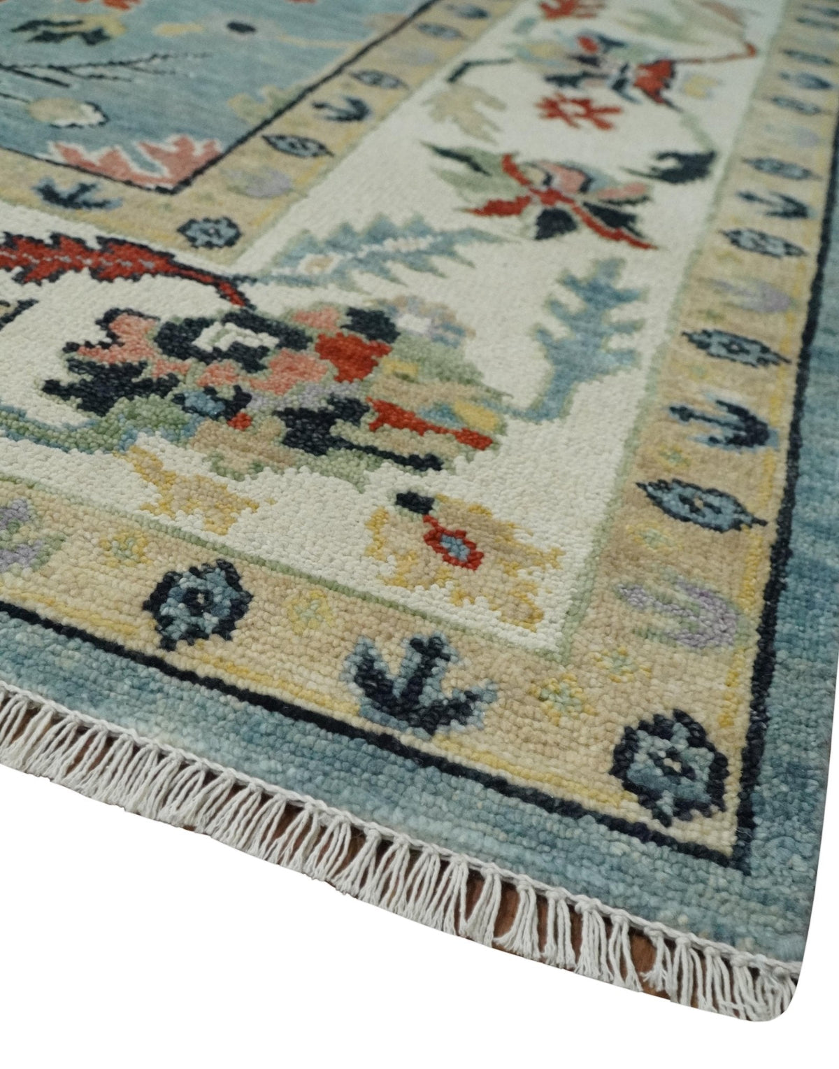 Light Blue and Ivory hand knotted Vibrant colorful Traditional Oushak Wool Area Rug.