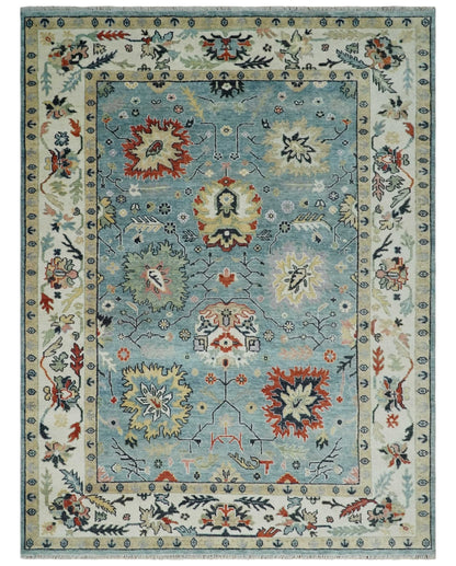 Light Blue and Ivory hand knotted Vibrant colorful Traditional Oushak Wool Area Rug.