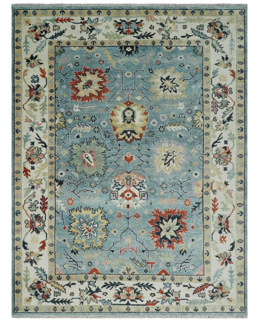Light Blue and Ivory hand knotted Vibrant colorful Traditional Oushak Wool Area Rug.