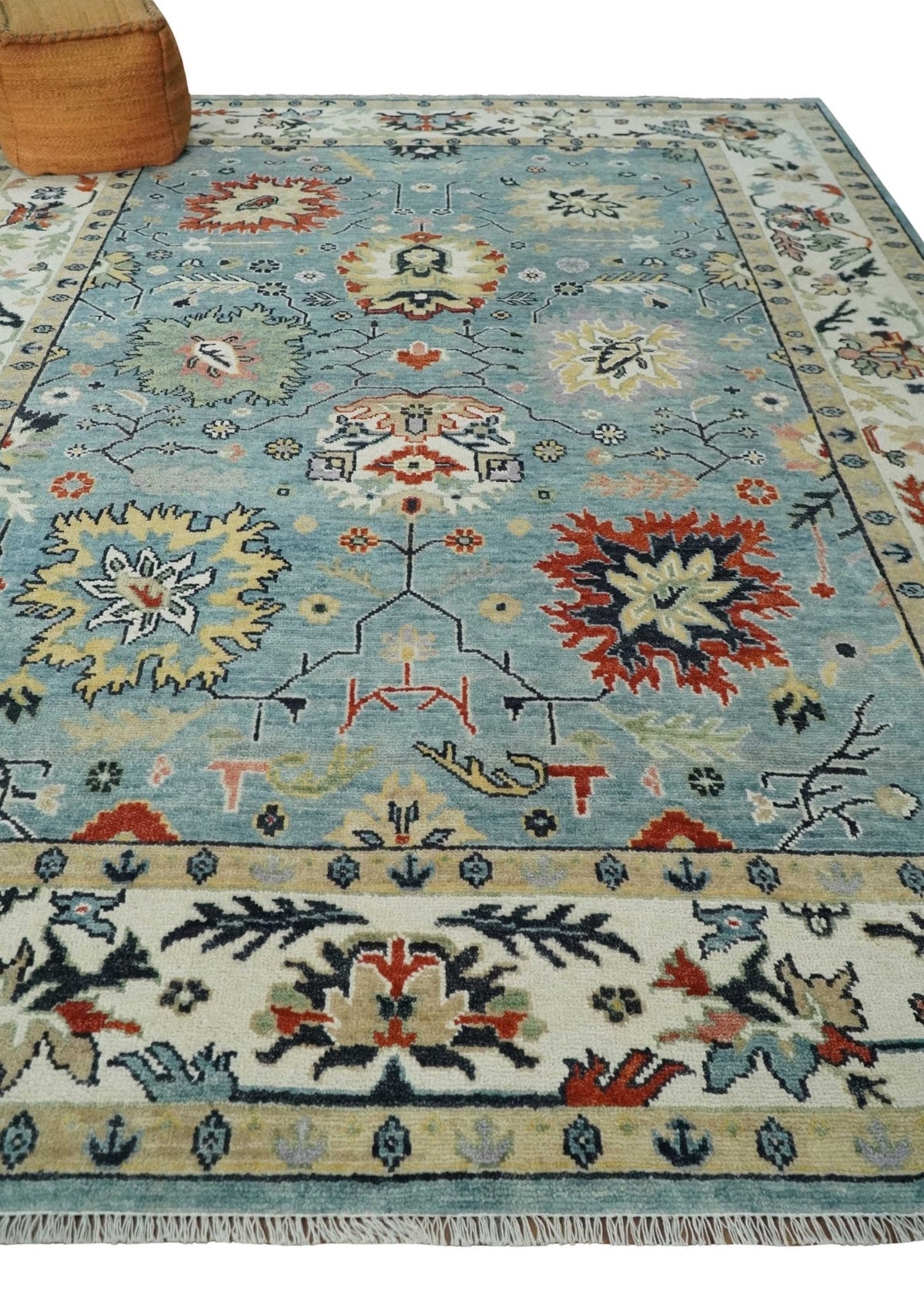 Light Blue and Ivory hand knotted Vibrant colorful Traditional Oushak Wool Area Rug.