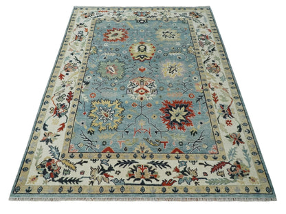 Light Blue and Ivory hand knotted Vibrant colorful Traditional Oushak Wool Area Rug.