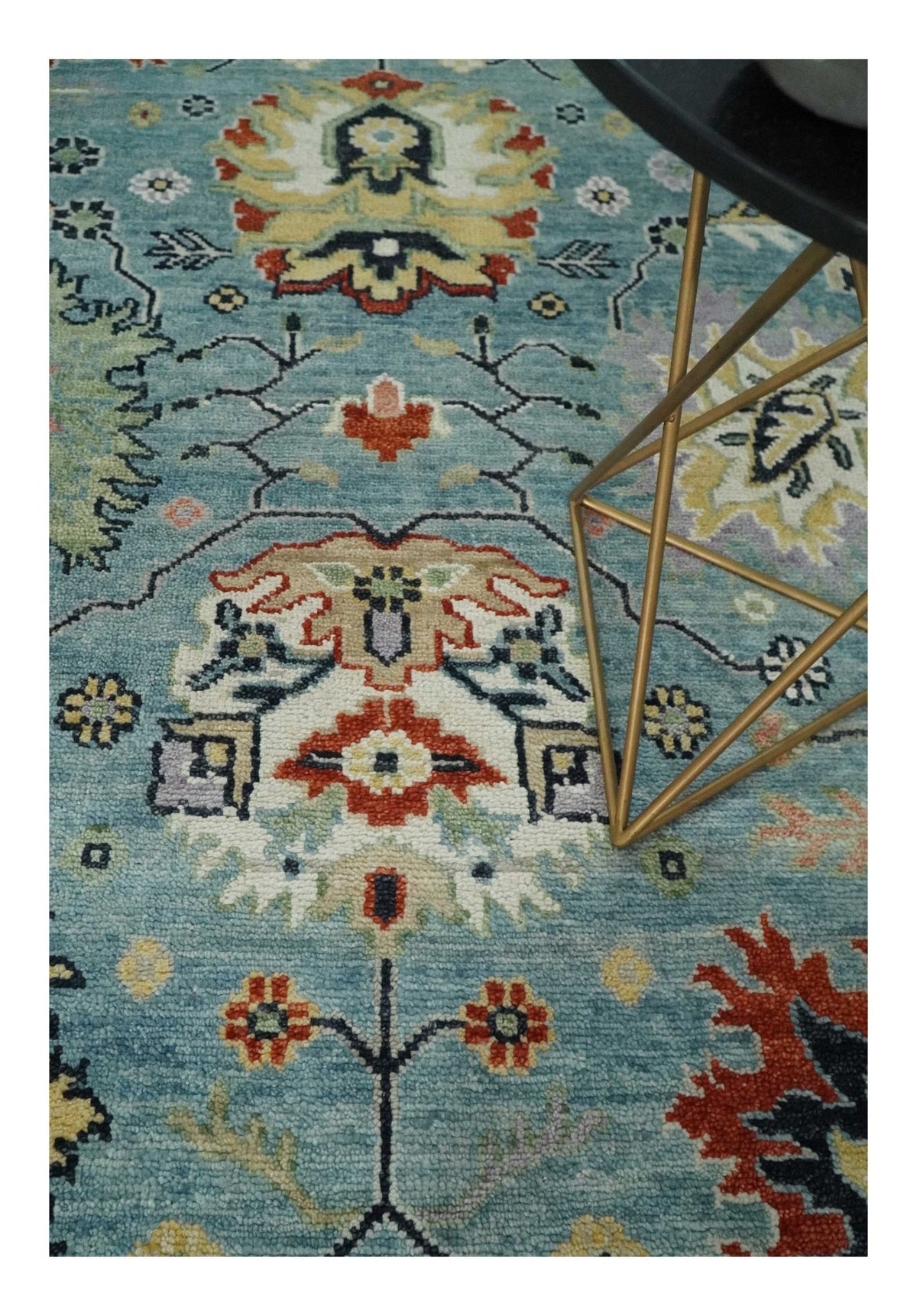 Light Blue and Ivory hand knotted Vibrant colorful Traditional Oushak Wool Area Rug.