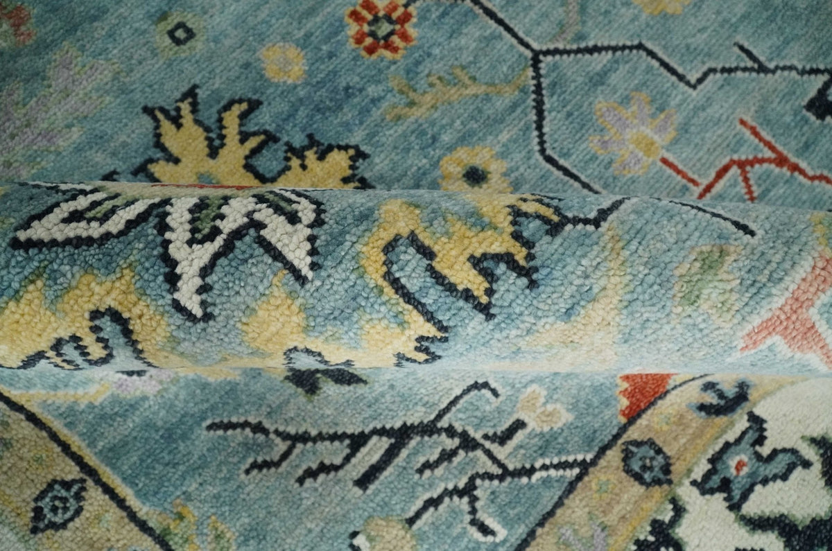 Light Blue and Ivory hand knotted Vibrant colorful Traditional Oushak Wool Area Rug.