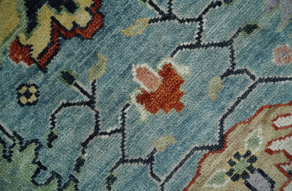 Light Blue and Ivory hand knotted Vibrant colorful Traditional Oushak Wool Area Rug.