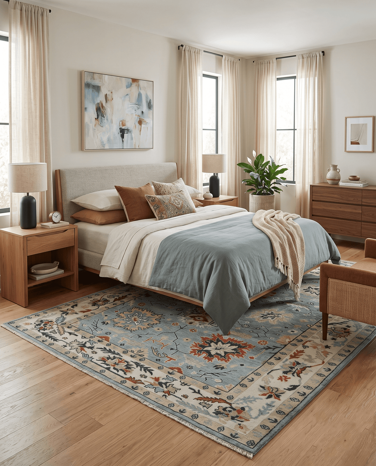 Light Blue and Ivory hand knotted Vibrant colorful Traditional Oushak Wool Area Rug.