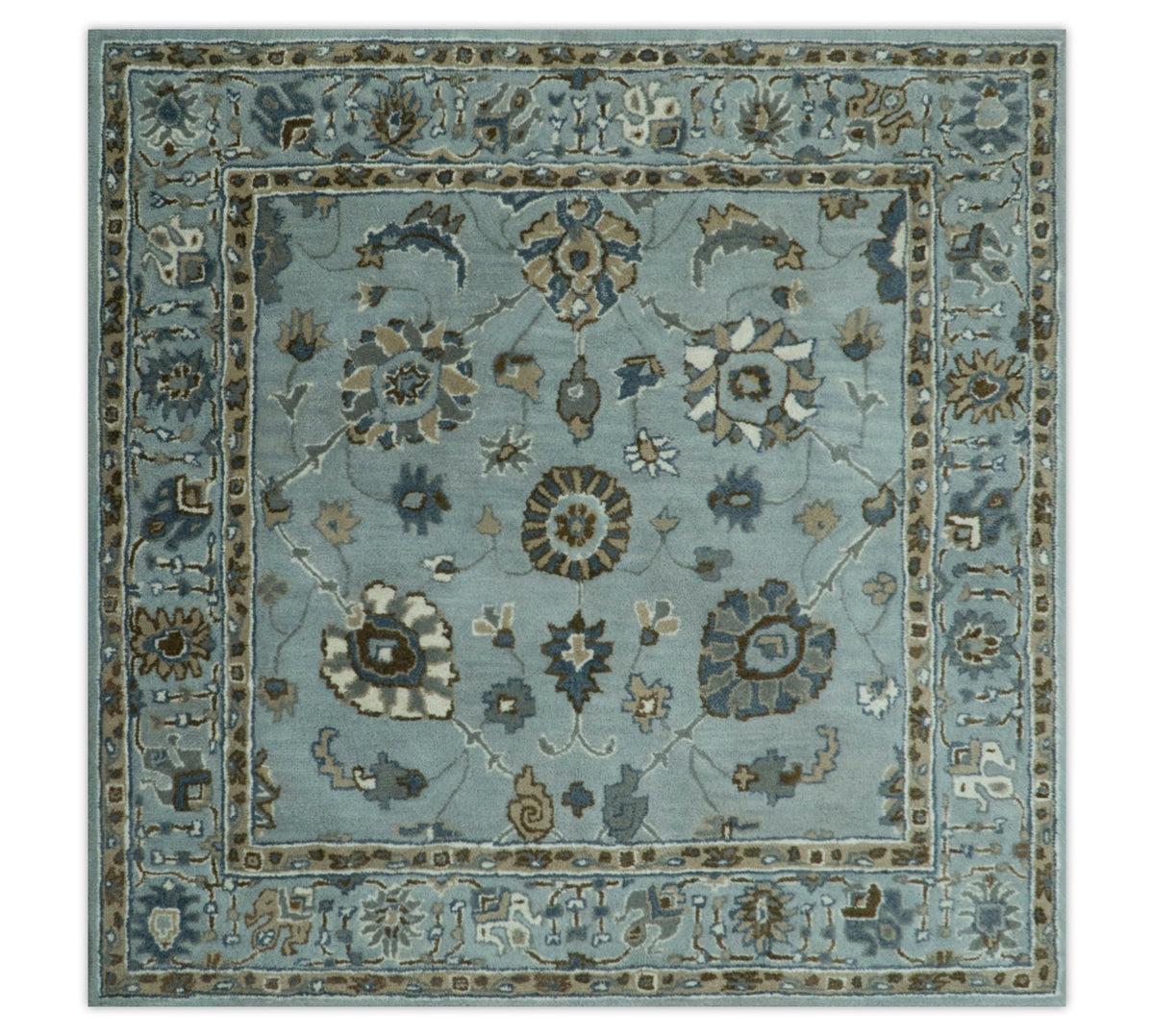 Blue and Brown Traditional Oriental Oushak Hand Tufted Custom Made wool Area Rug.