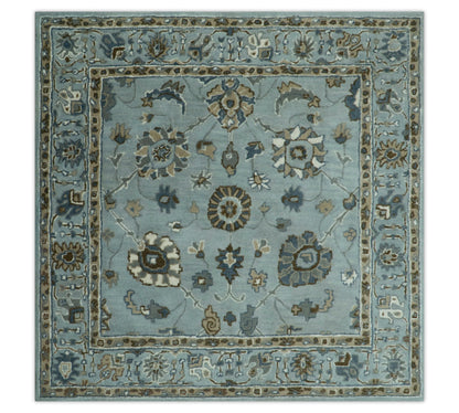 Blue and Brown Traditional Oriental Oushak Hand Tufted Custom Made wool Area Rug.