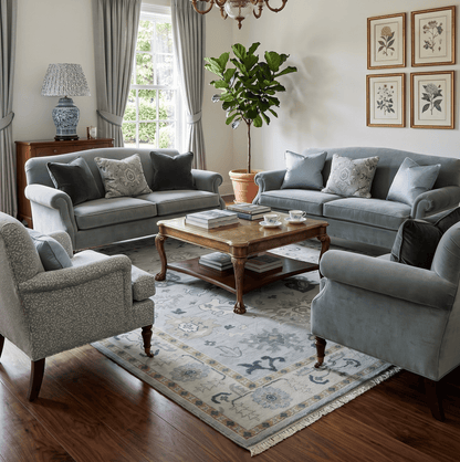 Light Blue Hand knotted Traditional Oushak Multi Size wool Area Rug.