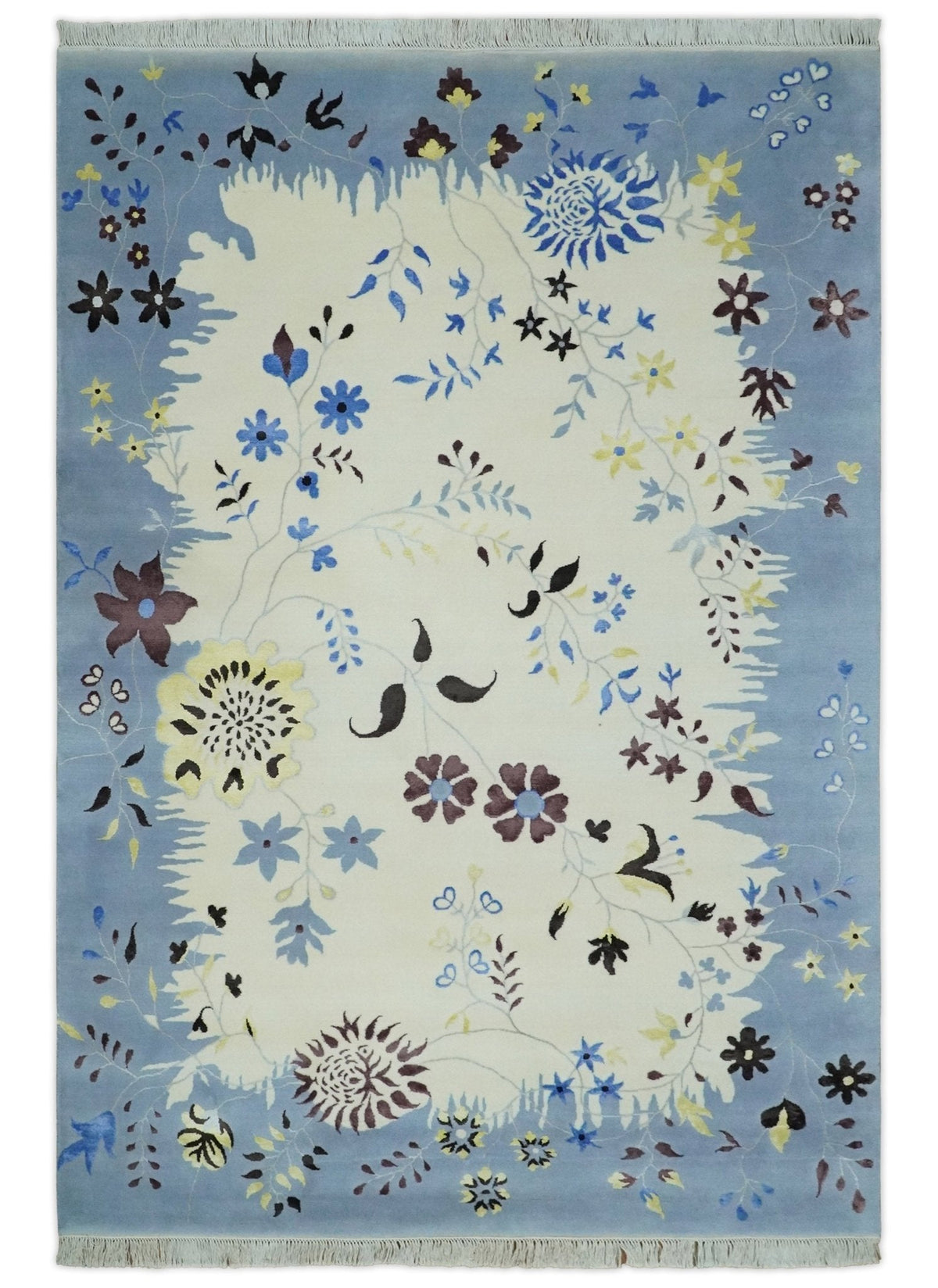 Light Blue, Ivory, Charcoal and Brown Hand Knotted Traditional Floral 6.6x10 Wool Area Rug.
