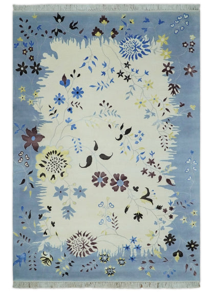 Light Blue, Ivory, Charcoal and Brown Hand Knotted Traditional Floral 6.6x10 Wool Area Rug.