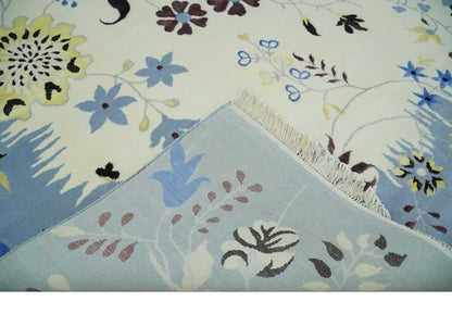 Light Blue, Ivory, Charcoal and Brown Hand Knotted Traditional Floral 6.6x10 Wool Area Rug.