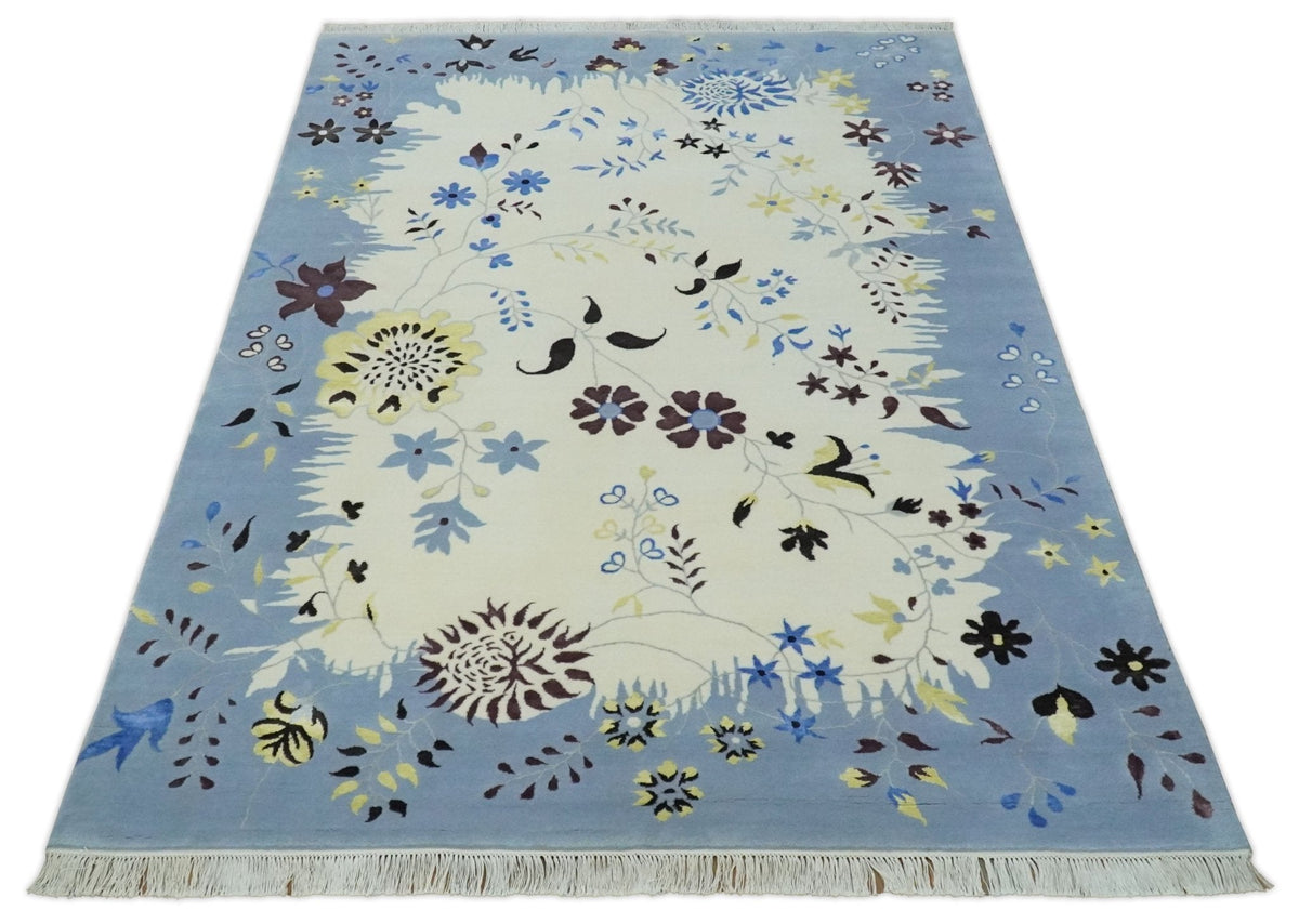 Light Blue, Ivory, Charcoal and Brown Hand Knotted Traditional Floral 6.6x10 Wool Area Rug.