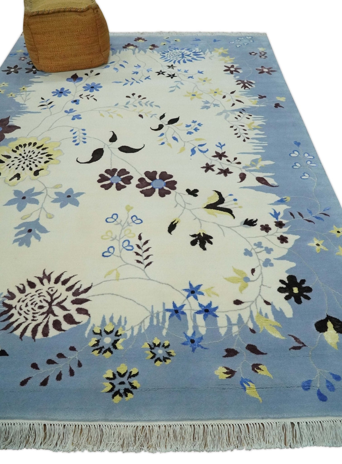 Light Blue, Ivory, Charcoal and Brown Hand Knotted Traditional Floral 6.6x10 Wool Area Rug.