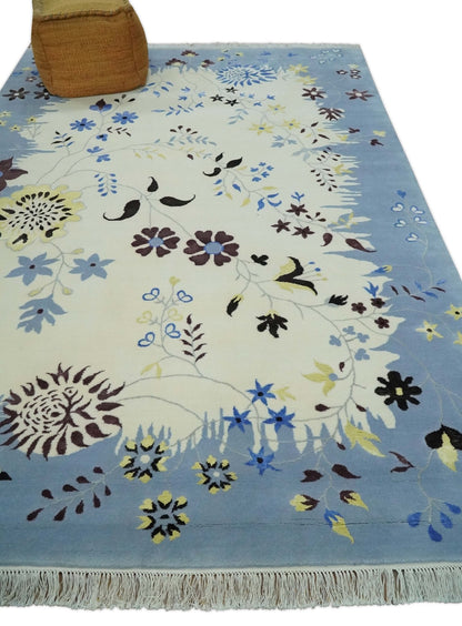 Light Blue, Ivory, Charcoal and Brown Hand Knotted Traditional Floral 6.6x10 Wool Area Rug.