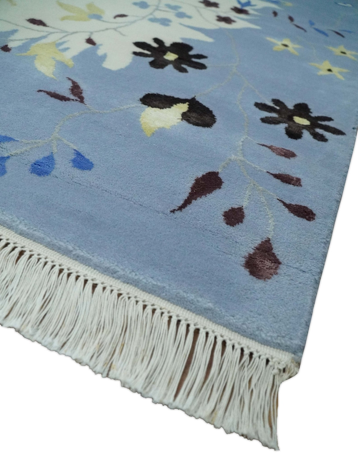 Light Blue, Ivory, Charcoal and Brown Hand Knotted Traditional Floral 6.6x10 Wool Area Rug.