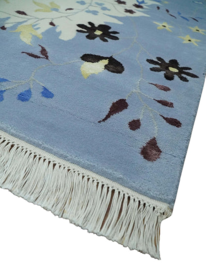 Light Blue, Ivory, Charcoal and Brown Hand Knotted Traditional Floral 6.6x10 Wool Area Rug.