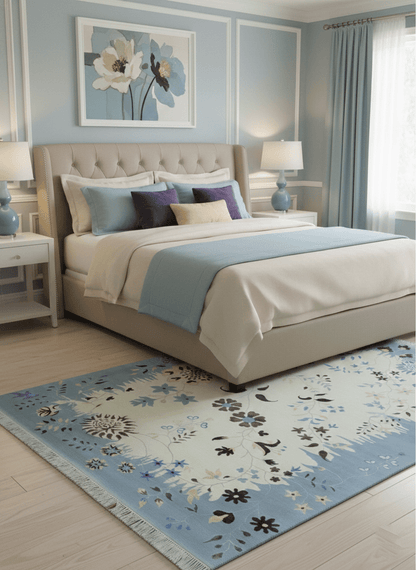 Light Blue, Ivory, Charcoal and Brown Hand Knotted Traditional Floral 6.6x10 Wool Area Rug.
