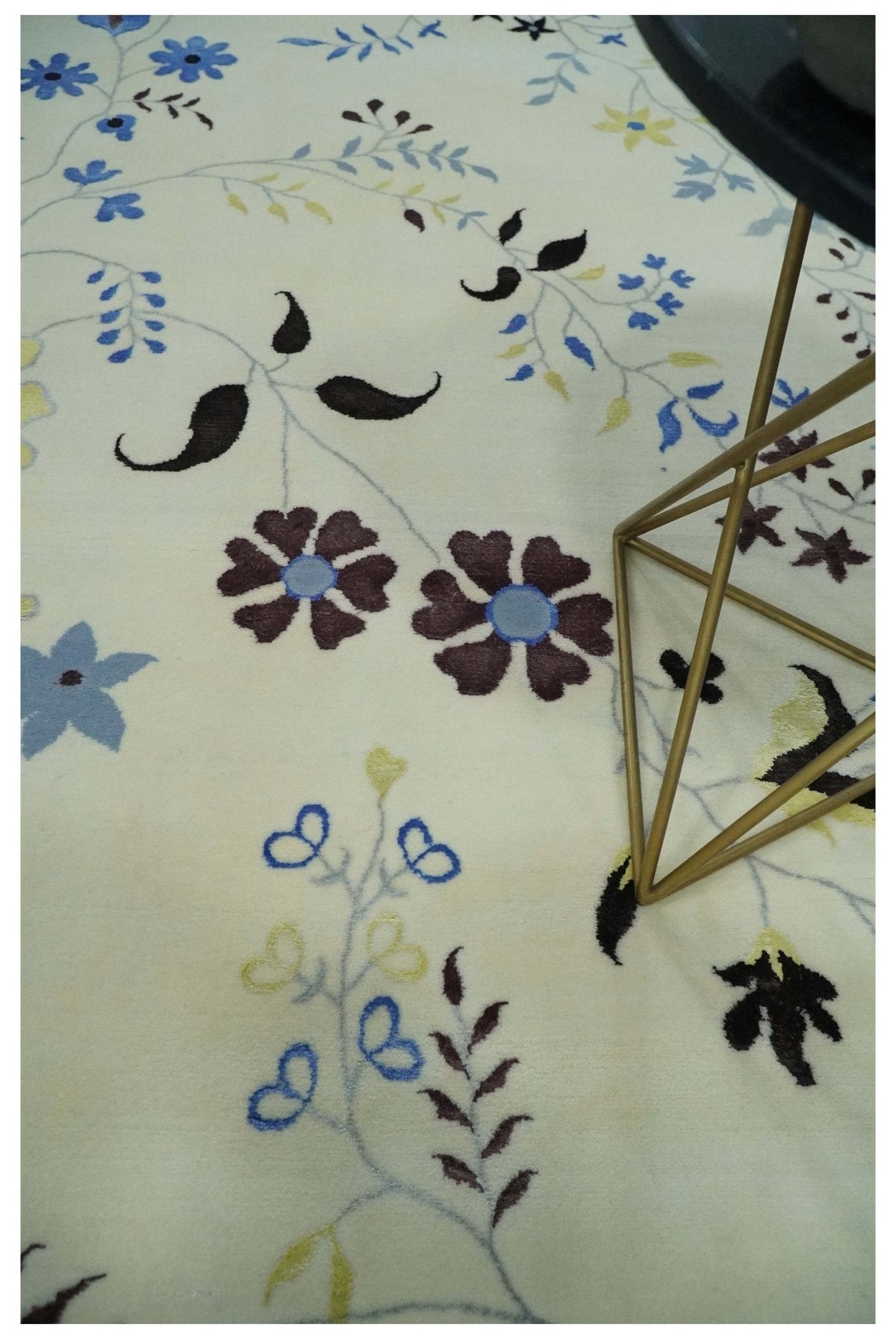 Light Blue, Ivory, Charcoal and Brown Hand Knotted Traditional Floral 6.6x10 Wool Area Rug.