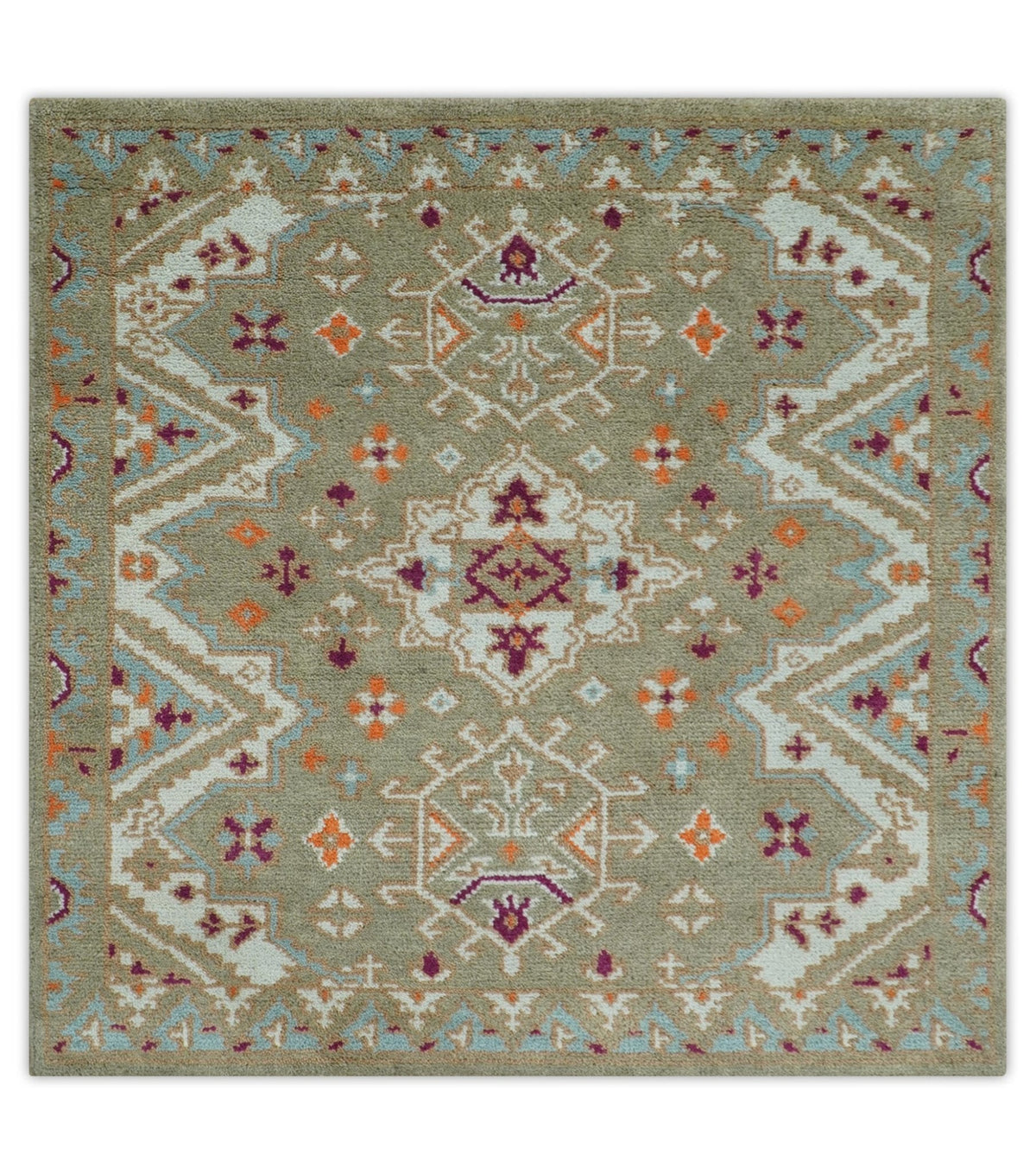 Light Green, Ivory and Maroon Traditional Hand knotted Custom Made wool Area Rug.