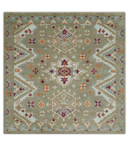 Light Green, Ivory and Maroon Traditional Hand knotted Custom Made wool Area Rug.