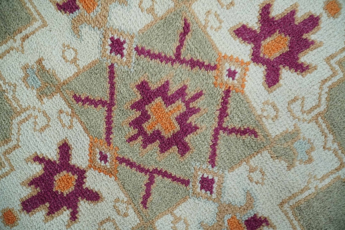 Light Green, Ivory and Maroon Traditional Hand knotted Custom Made wool Area Rug.