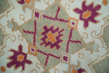 Light Green, Ivory and Maroon Traditional Hand knotted Custom Made wool Area Rug.