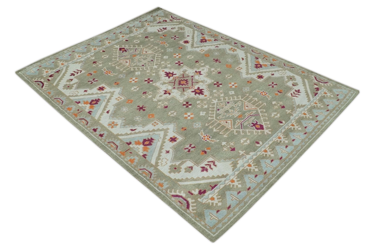 Light Green, Ivory and Maroon Traditional Hand knotted Custom Made wool Area Rug.