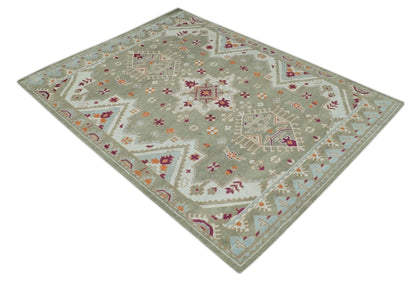 Light Green, Ivory and Maroon Traditional Hand knotted Custom Made wool Area Rug.