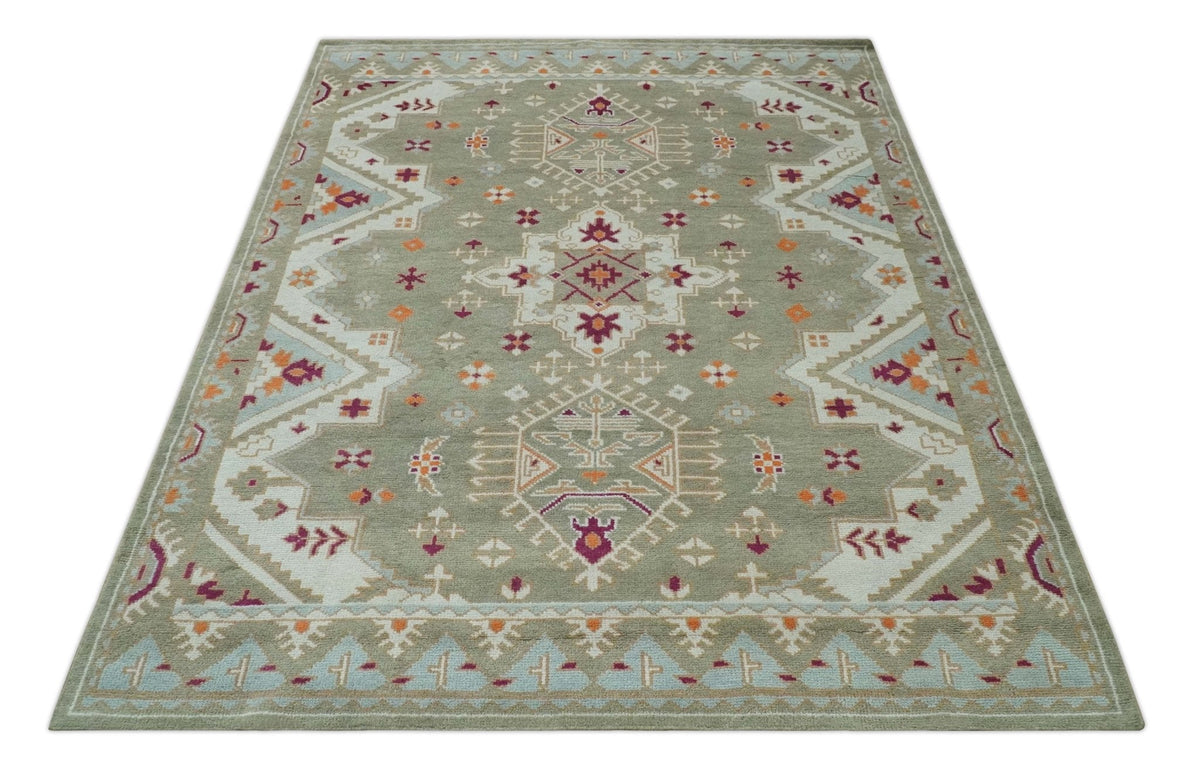 Light Green, Ivory and Maroon Traditional Hand knotted Custom Made wool Area Rug.