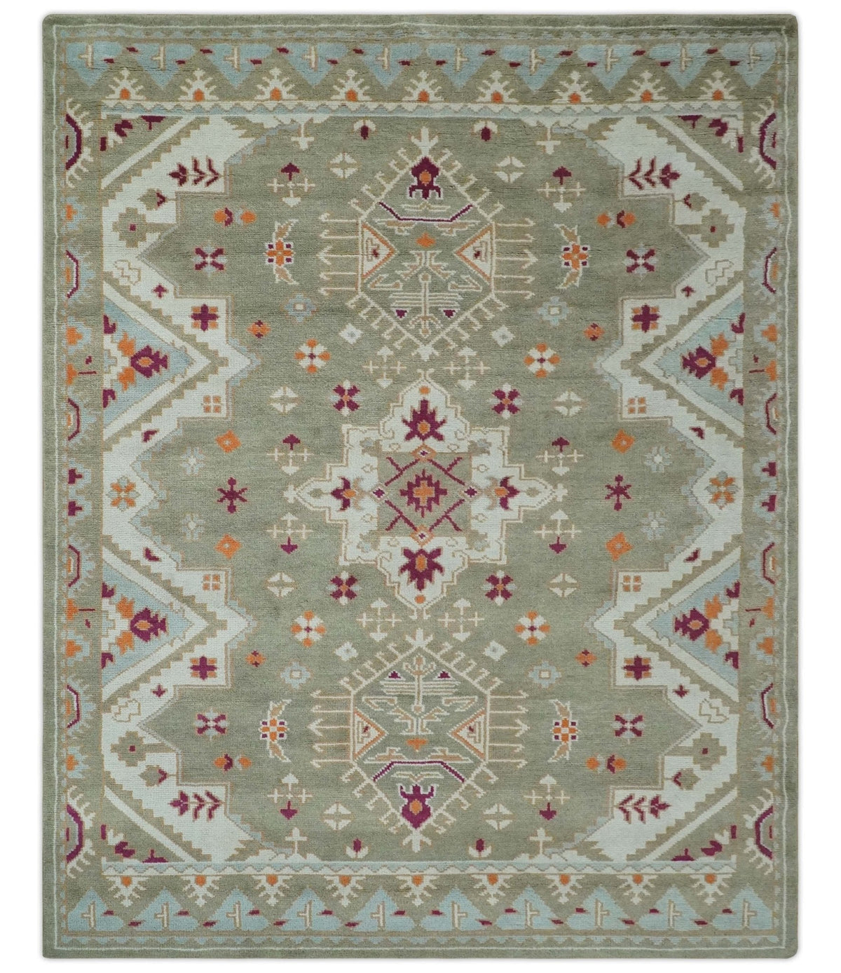 Light Green, Ivory and Maroon Traditional Hand knotted Custom Made wool Area Rug.