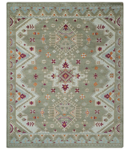 Light Green, Ivory and Maroon Traditional Hand knotted Custom Made wool Area Rug.