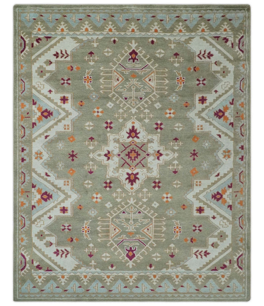 Light Green, Ivory and Maroon Traditional Hand knotted Custom Made wool Area Rug.